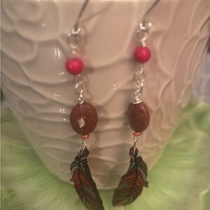 Colorful Balsawood Feather & Genuine Sunstone dangling earrings